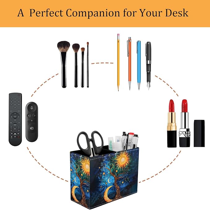 Pen Holder for Desk, PU Leather Multifunctional Desktop Storage Box and Anti-Slip Mouse Pad Set, Makeup Brush Holder Pen Organizer for Office and Home - Sun Moon Stars