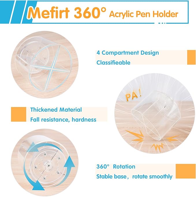 Mefirt Acrylic Pen Holder, 360 Degree Marker Organizer for Desk, Rotating Desk Storage With 4 Compartments, Art Supply Crayon Holder for Office School Home, Clear