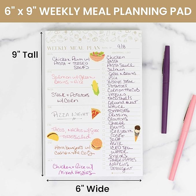 bloom daily planners Weekly Meal Planning Pad - Magnetic Hanging Refrigerator Menu Planner with Tear-Off Sheets & Perforated Grocery Shopping Lists - 6” x 9” - Modern Gold