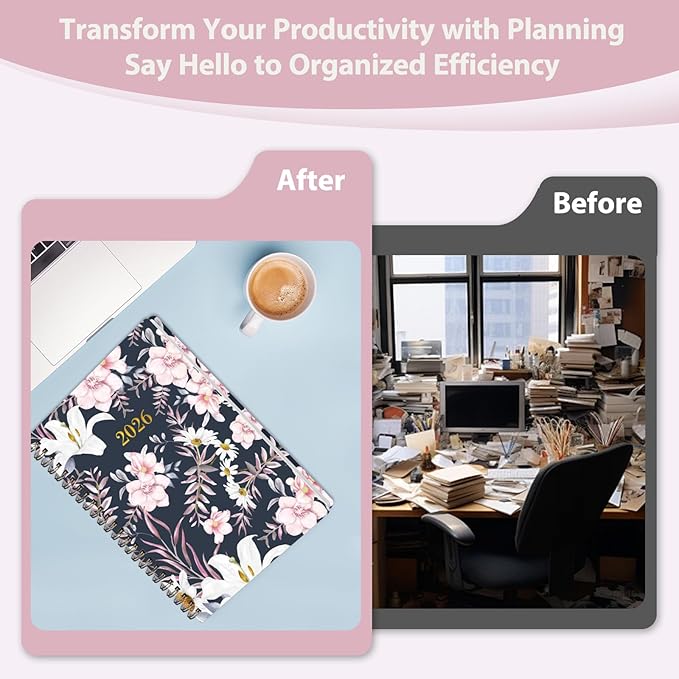 2026 Planner, Weekly and Monthly Calendar Planner, Academic Daily Agenda (Jan 2026 - Dec 2026), Hardcover Planning Notebook for Office Accessories and School Supplies, Elegant Florals