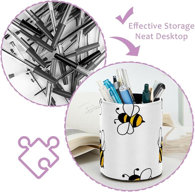 Flying Bees Pen Holder for Desk, Pencil Holder Desktop Organizers Stationery Supplies Storage, Cute Pencil Cup for Makeup Brush/Art Supplies, Office, Home, Leather