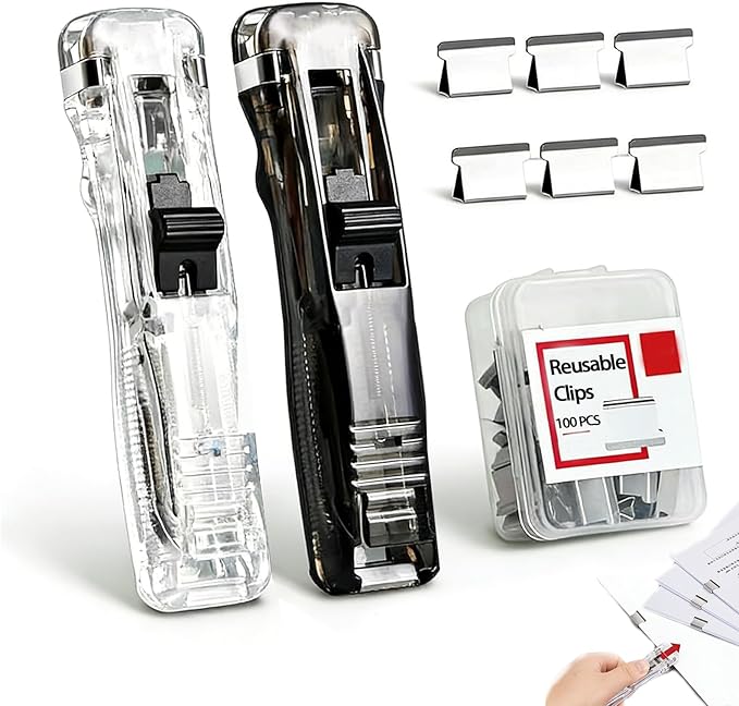 2 Pcs Portable Binder Clip Stapler, Includes 100 Reusable Clips, Staple-Free Desktop Push Binder Stapler, Binds 40 Sheet Capacity One-Hand Operation for Office Home Document Organization (#01)