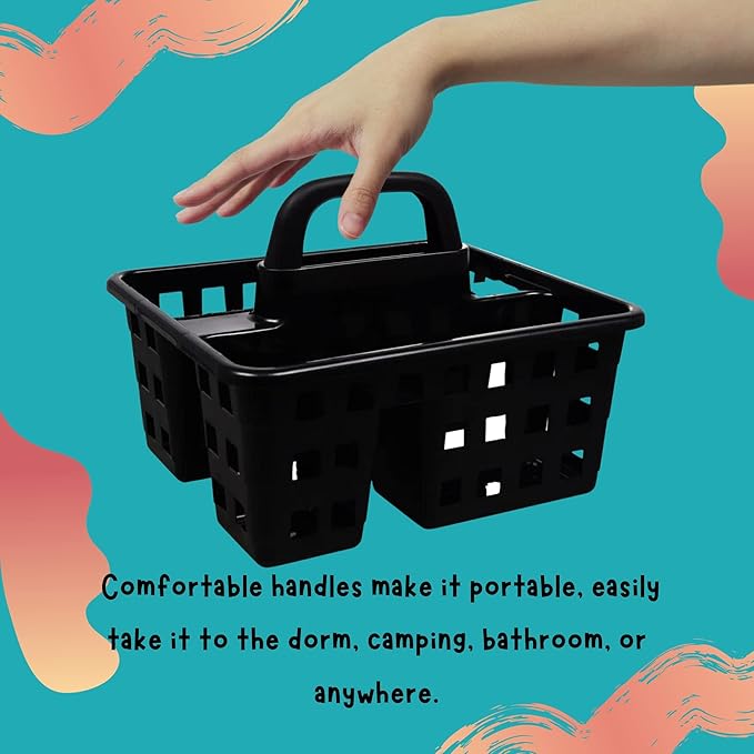 Divided 3-Compartment Plastic Caddies with Handle 10x8.75x7.5 in., Home Office Portable Multipurpose Utility Reusable Container Organizer Storage Holder Bucket Basket, Set of 2 (BLACK)