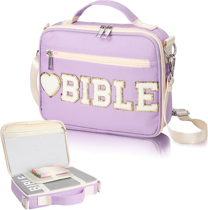Silkfly Purple Bible Cover Case Preppy Large Chenille Letter Church Bag with Shoulder Strap Handle Back to School Gifts Waterproof Christian Tote Bag for Women Teacher Bible Accessories