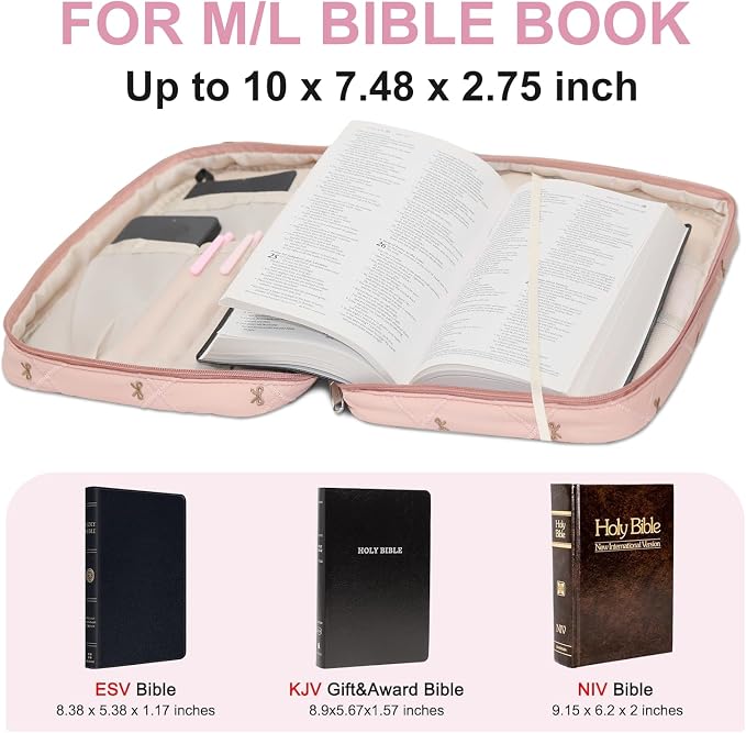 Pink Bible Bags for Women Organizer with Study Supplies Accessories, Quilted Bible Cover Case for Women Carrying Case for Girls Book Case Purse with Bible Stuff