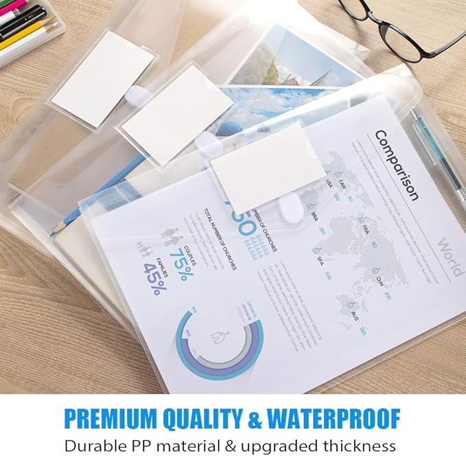 Sooez 24 Pack Plastic Envelopes Poly Envelopes, Clear Document File Folders US Letter A4 Size File Envelopes with Label Pocket for School Home Work Office Organization, Clear