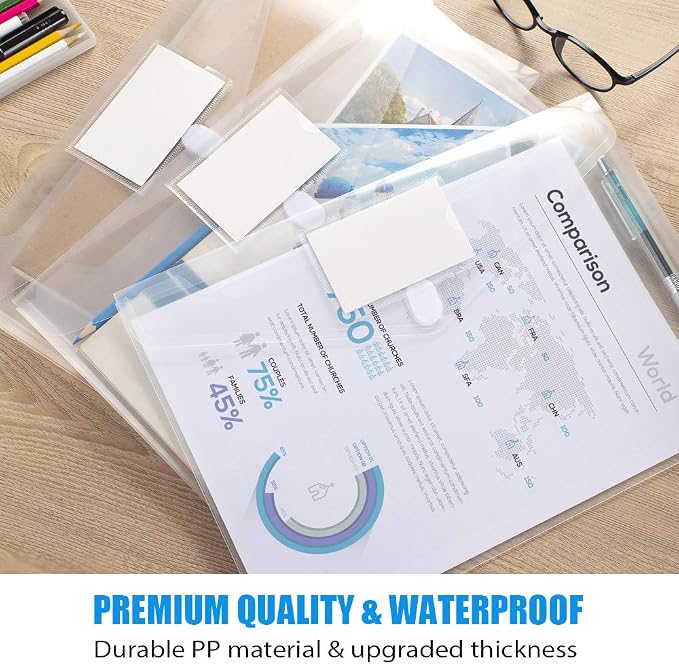 Sooez 24 Pack Plastic Envelopes Poly Envelopes, Clear Document File Folders US Letter A4 Size File Envelopes with Label Pocket for School Home Work Office Organization, Clear