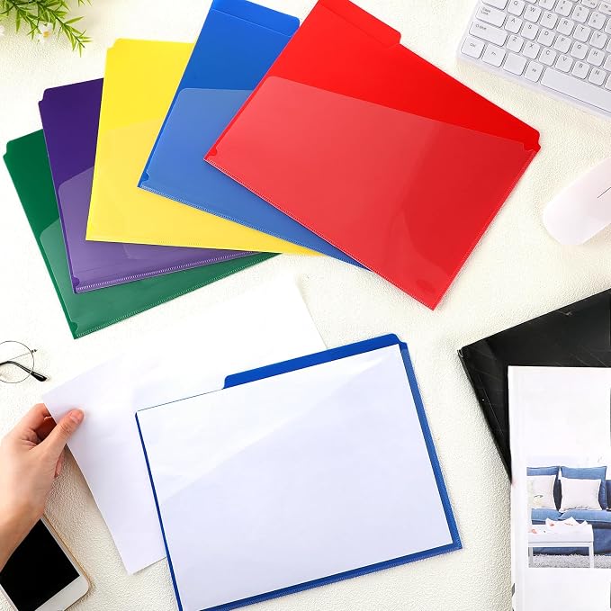 Dispowreath 50 Pcs Plastic File Folders with Slash Clear Front Pocket Colored Folders Poly Folders with 1/3 Cut Tab Letter Size Stronger Than Manila for Office Home 5 Colors
