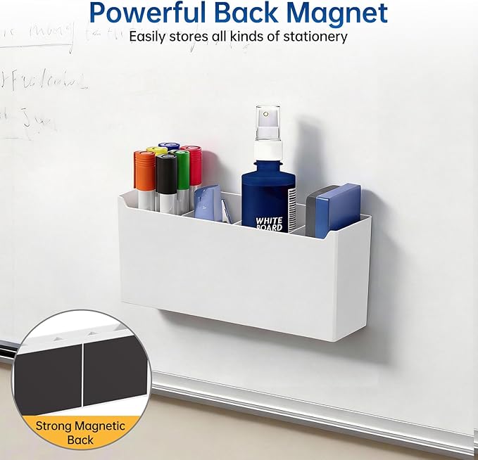 FRETONBA Large Magnetic Dry Erase Marker Holder for Whiteboard, Magnetic Pen Holder Organizer with Adjustable Compartments, Strong Magnet Storage for Office Classroom Home, White