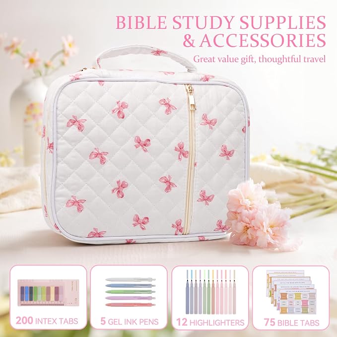 Bible Cover Case for Women Large Quilted Bible Carrying Bag with Handles Bible Study Supplies & Accessories Christian Gifts for Women(Pink Bow, M)