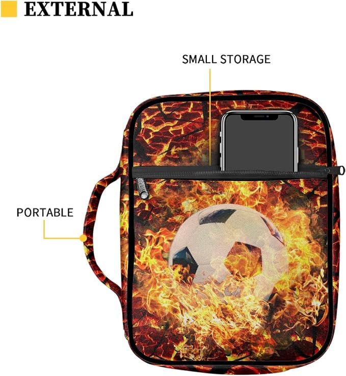 Coldinair Firing Soccer Print Bible Cover for Boys Kids Bible Case Carrying Book Case Church Bag with Handle and Zippered Pockets,Lightweight and Durable