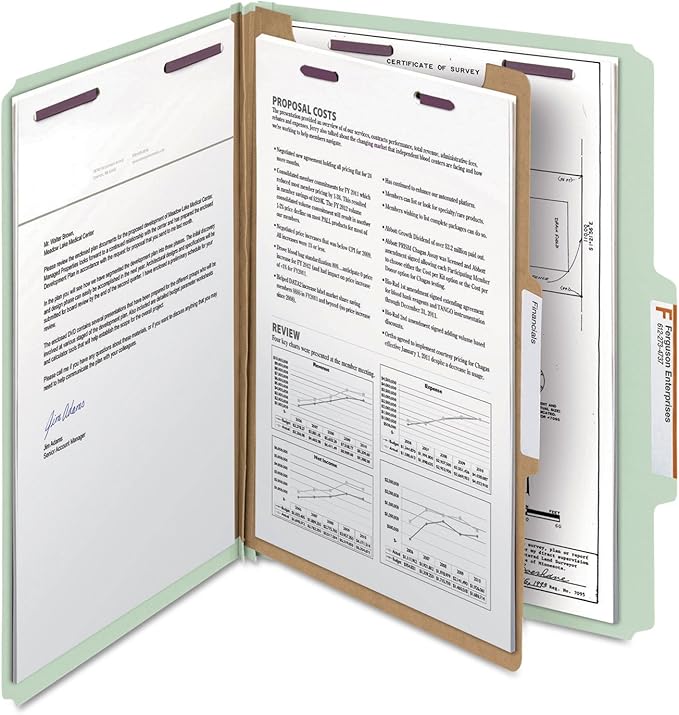 Smead Pressboard Classification File Folder with SafeSHIELD Fasteners, 1 Divider, 2" Expansion, Letter Size, Gray/Green, 10 per Box (13776)