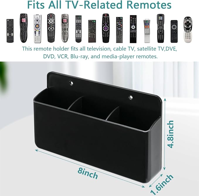 Adjustable Remote Control Wall Mount, 3 Slot TV Remote Holder & Self Adhesive Controller Holder, Black (2 Packs)