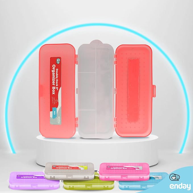 Enday Pencil Box Red, Plastic Double Deck Pencil Case with 7 Compartments, Box Organizer with Snap Closure for Home and Office