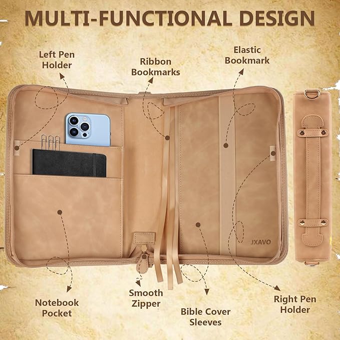 Bible Cover Case for Women & Men, JXAVO PU Leather Bible Covers, Large Bible Carrying Book Case with Handle & Shoulder Strap, Bible Cases with Zippered Pocket, Bibles Bag Accessories for Girls Boys
