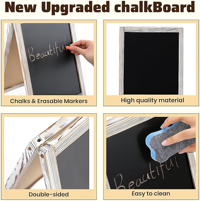 Henoyso 2 Pcs Double-Sided Tabletop Chalkboard Sign, 16"x10" Easel Rustic Wood Frame Small Chalkboard with 2 Erasers for Menu Cafes, Restaurants, Weddings Home Decor(White)