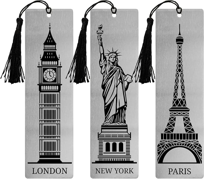 Stainless Steel Bookmarks – Set of 3 Featuring Eiffel Tower, Big Ben, and Statue of Liberty, 150x40mm, Laser-Engraved, Durable Metal, Perfect for Book Lovers & Unique Gift Ideas. Traveler’s Series