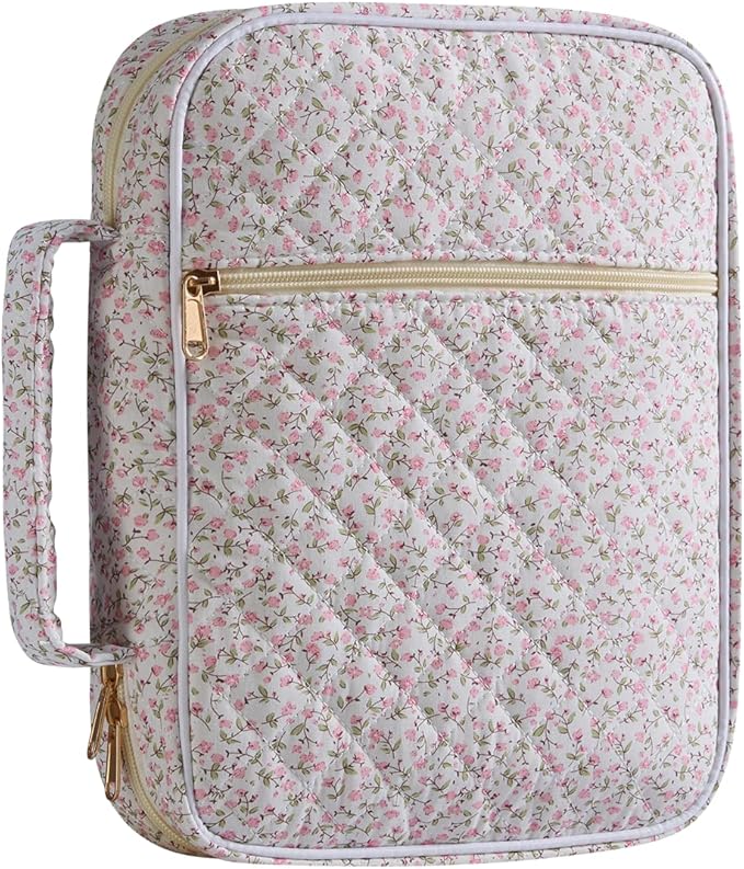 Bible Cover Case for Women,Bible Tote Bag Large Quilted Bible Cover Study Supplies Accessories with Durable Handle Carrying Case Christian Gifts for Girls (Mini Pink Flower)