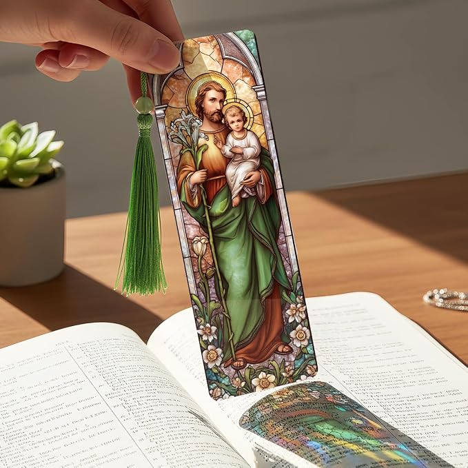 4 Pcs Stained Glass Religious PVC Bookmarks Gifts with Tassels, Catholic Saints Transparent Bookmarks for Reading Women, Christian Prayer Accessories, Bible Gifts for Book Lovers