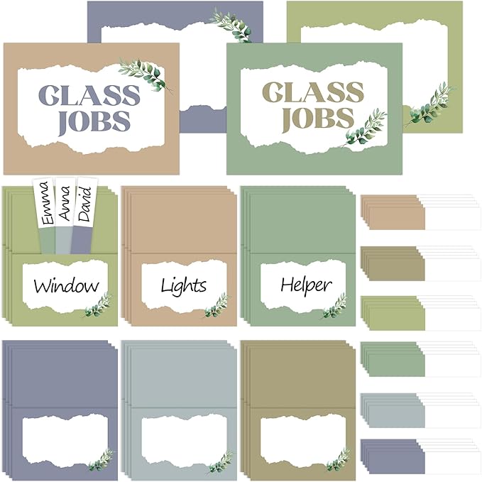 112Pcs Eucalyptus Class Jobs Bulletin Board Set Greenery Classroom Job Pocket Chart Bulk Sage Green Class Management Pocket Chart Teacher's Helper Posters Cards Chalkboard Decor School Supplies