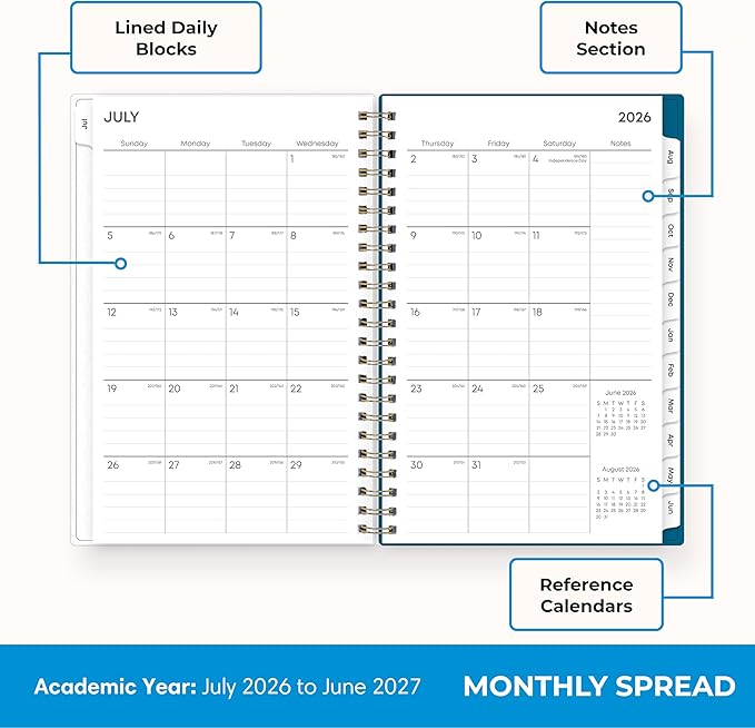 Blue Sky 2026-2027 Weekly and Monthly Academic Year Planner Calendar, July 2026 - June 2027, 5" x 8", Flexible Cover, Wirebound, Laminated Tabs, Bakah Blue