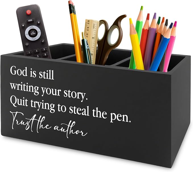 Christian Inspirational Pen Pencil Holder Organizer for Desk, God Is Still Writing Your Story Bible Verse Religious Black Wooden Box Sign for Office Home Desk Tabletop Decorations