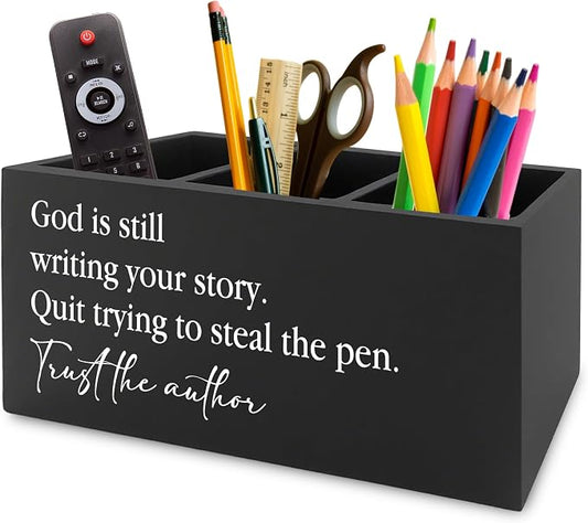 Christian Inspirational Pen Pencil Holder Organizer for Desk, God Is Still Writing Your Story Bible Verse Religious Black Wooden Box Sign for Office Home Desk Tabletop Decorations