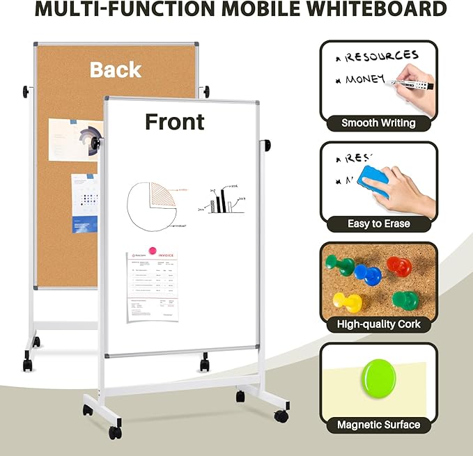 Rolling Whiteboard, 40" x 24" Magnetic Mobile White Board on Wheels, Double Sided, Height Adjustable Aluminum Frame Dry Erase Board Large Cork Bulletin Board for Office, Home, Classroom