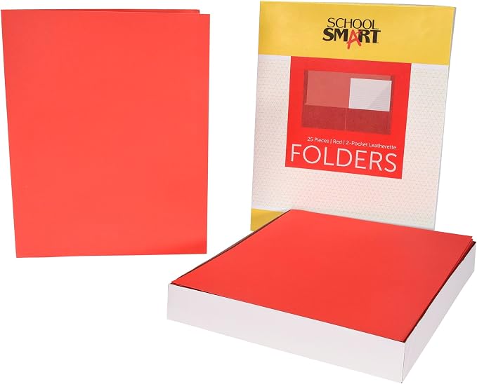 School Smart Extra-Large Folders with Pockets, 9 x 12 Inches, Red, Pack of 25