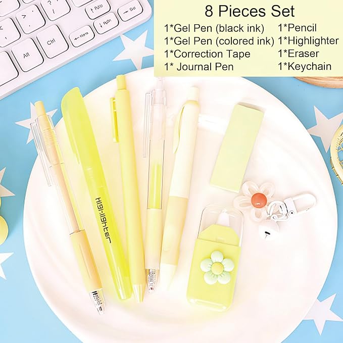 MOZXIRZ 8 Pcs Cute Yellow Stationery Set for Girls Boys Women Back to School Supplies Office Supplies Kawaii Candy Colors Stationery Gift Including Pen Pencil Highlighter Eraser (Yellow)