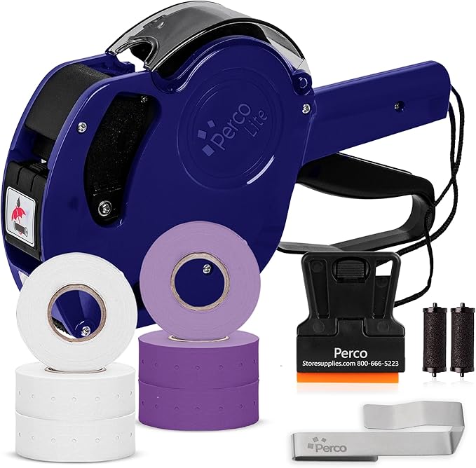 Perco Lite 1 Line Price Gun with Labels Kit - Includes 3 White Rolls, 1 Gun Clip, 3 Purple Rolls, 2 Ink Rollers, 1 Ink roll and Labels Pre-Loaded