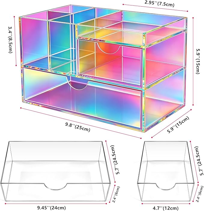 Desk Organizer with Drawers Acrylic Desktop Organizer Pen Holder Caddy for Office Supplies Makeup Organizer for Vanity, Iridescent
