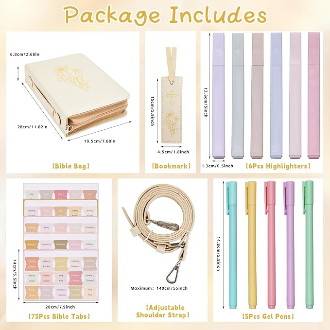 19PCS Floral Beige Leather Bible Cover for Women Bible Cover Cases for Teen Girls Christmas Gift Christian Church Carrying Bag Journaling Kit with Shoulder Strap Highlighter Pens & Book Marker
