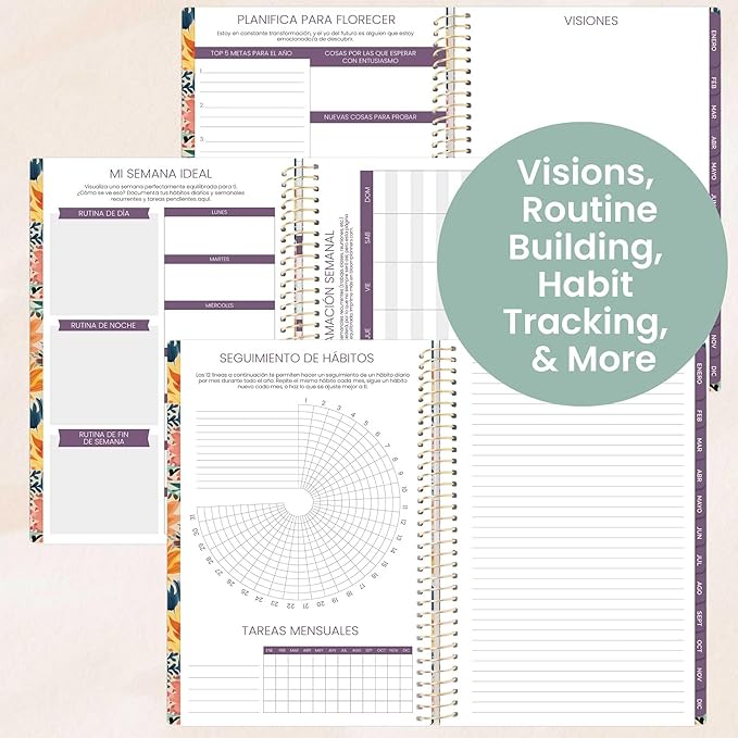 bloom daily planners UNDATED Spanish Calendar Year Day Planner - Passion/Goal Organizer - Start Anytime Monthly & Weekly Agenda Book with Tabs (January to December) - 5.5" x 8.25" - Cheerful Garden
