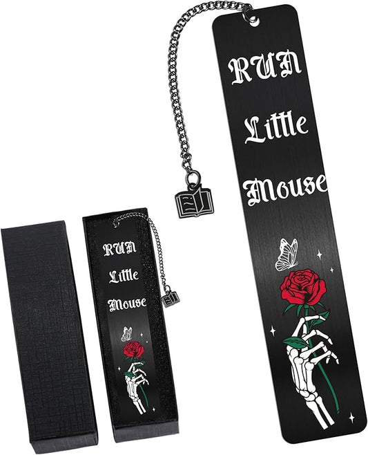 Dark Romance Gothic Metal Bookmarks: Skeleton Rose Book Mark with “Run Little Mouse”, Dark Romance Merch for Reading Women, Bookish Gifts for Woman Girls Book Lovers School Office Supplies