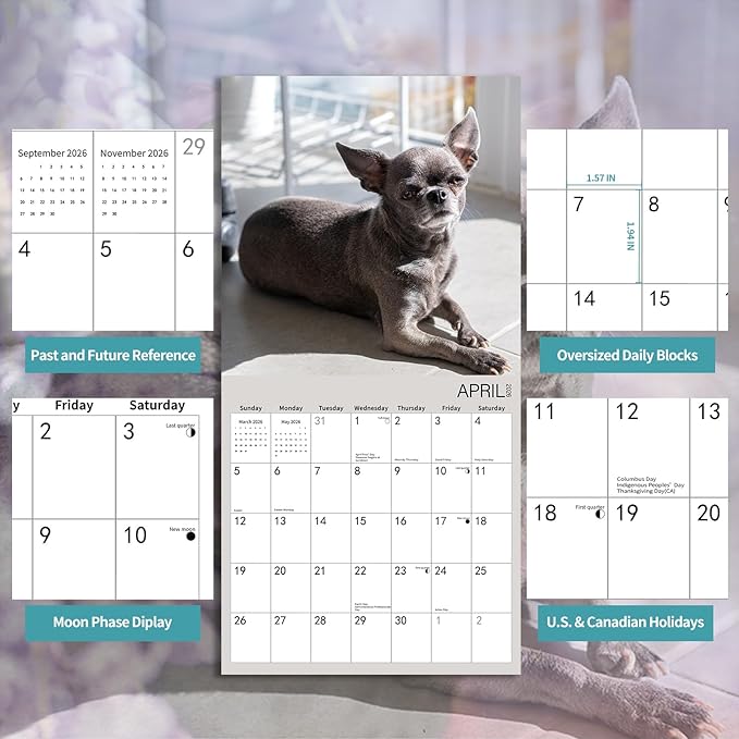 2026 Wall Calendar,Chihuahua Wall Calendar, 12" x 24" Open,Family Planner Calendar Organizer with Chihuahua Images, for Dogs Lovers