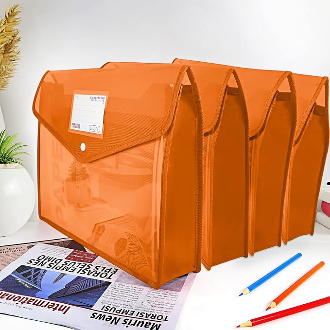 Plastic File Folders Legal Size Expandable Document Folder with Snap Button Closure, B4 Expanding File Wallet Envelopes Pouch with Label Pocket, 2 Packs, Orange