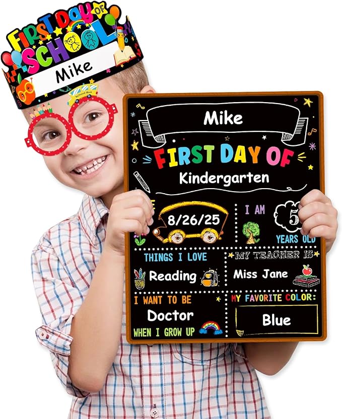 D4DREAM First Day of School Chalkboard Sign - 13.5''x10.5'' Double-Sided 1st First and Last Day of School Board with Paper Crown & Glasses Back to Schools Supplies for Kids Kindergarten