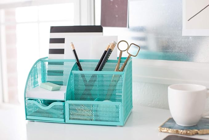 BLU MONACO Aqua Desk Organizer | Metal Turquoise Stationery Holder With Drawer and Compartments | Desktop Storage for School, Bedroom, Locker and Home | 5.5”D x 8.6”W x 5”H Accessory Caddy