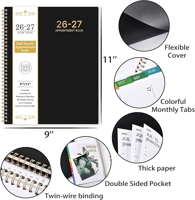 Appointment Book 2026-2027 - Planner 2026-2027, 9" x 11", July 2026 - June 2027, Daily Hourly Planner with 30-Minute Interval, Weekly & Monthly, Colorful Monthly Tabs, Inner Pocket - Black