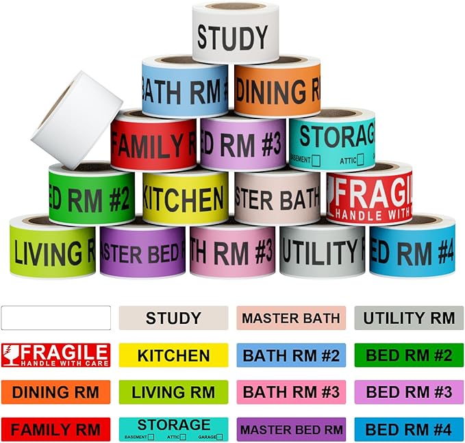 Misofuki 16 Rolls 960 Pcs 1"x4.5" Color Coded Moving Labels Stickers for Boxes with 4 Bedroom Labels - Can Stick on Furniture Directly, NOT Recommended for Rough Surfaces, Such as Carton