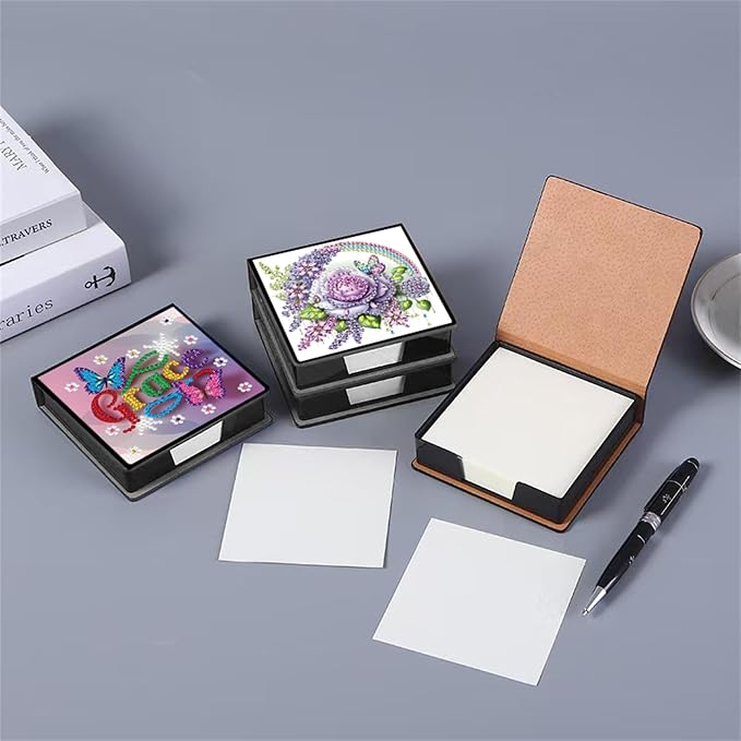 Flower Diamond Painting Note Box Memo Pad Holder, Rose Diamond Art Sticky Notes Organizer for Desk, Aesthetic Stationery Storage Case for Office,School Supplies (Rose)