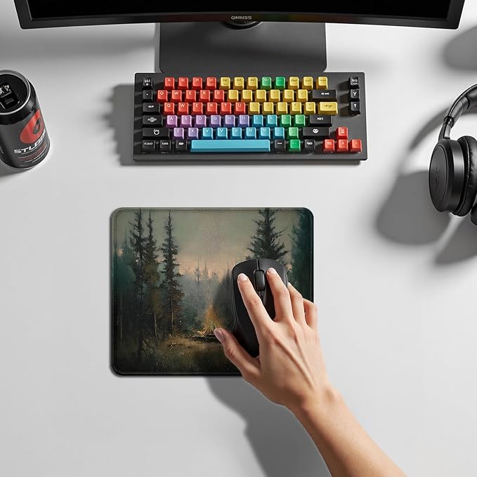 Vintage Moody Forest Camping Mouse Pad, Camping Lovers Camper Gifts, Rustic Pine Tree Campfire Mouse Pad for Home Office Computer Gaming Desk Essentials, 9.5x7.9 Inch
