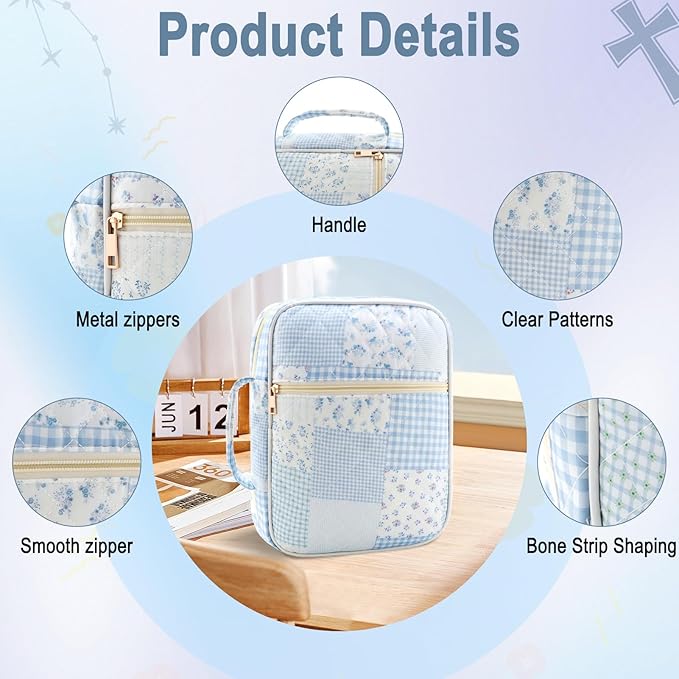 Zkptops Bible Cover Case for Women Large Bible Bag Cotton Quilted Bible Carrying Case with Zipper Pocket and Handle Carrying Book Cover for Christian Study Supplies Christian Gift(Blue Checkered)
