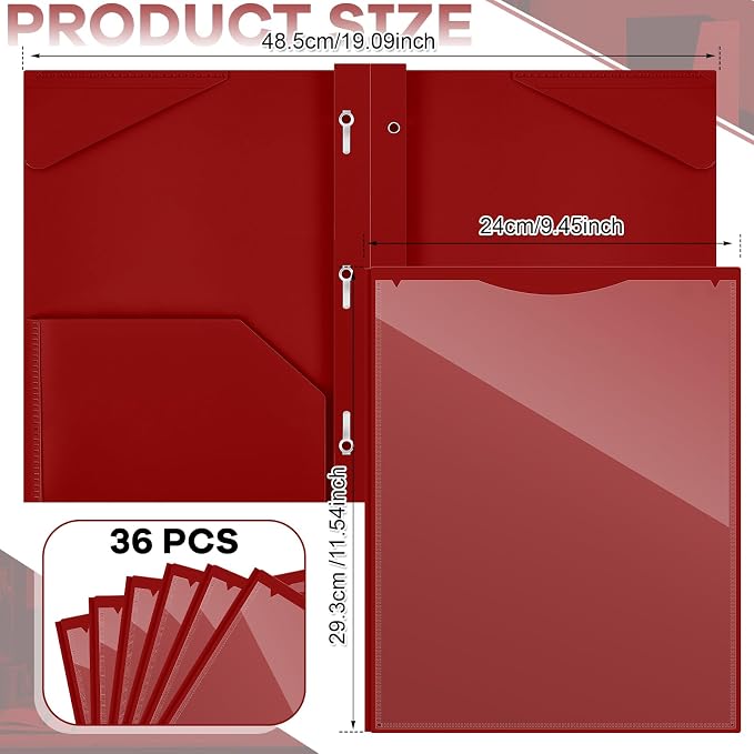 Henoyso 36 Pcs Plastic Folder with Clear Front Pocket and 3 Prong Plastic Folders with Card Slot Pocket Folders with Prongs for School Office (Burgundy)