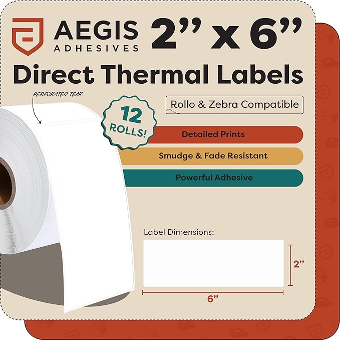 Aegis Adhesives - 2" X 6" Direct Thermal Labels (12 Rolls, 250 Labels/Roll) Compatible with Rollo, Zebra, and Other Desktop Label Printers