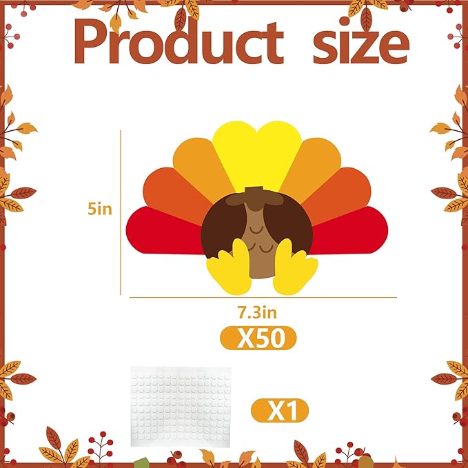 50 Pcs Thanksgiving Turkey Cutouts – Fall Bulletin Board Decorations for Classroom,School,DIY Crafts,Autumn Harvest,Home,and Party Supplies (Turkey)