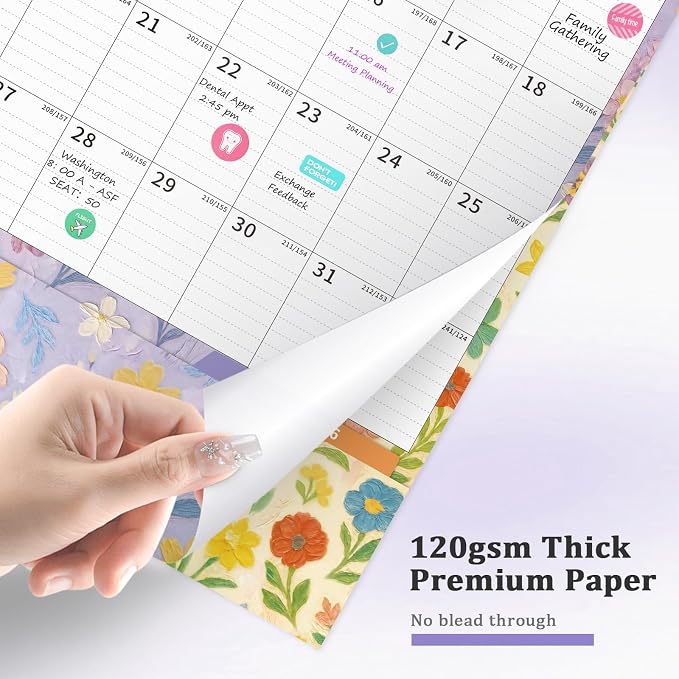 Ospelelf Wall Calendar 2026-2027 with Storage Pockets, 17" X 12" Monthly Large Planner Pad with Protective Cover and Stickers, for Family Fridge Office Teacher Student, Use July 2026 to December 2027 Artistic Floral