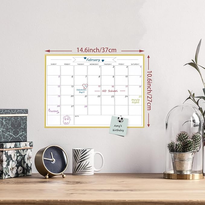 Dry Erase Monthly Calendar Whiteboard, 10.5"x 14.5" Gold Aluminum Frame, Magnetic White Board for Wall Office/School/Home, Hanging Board for Decoration/Kitchen Grocery List（YL-Gold-2737-B）