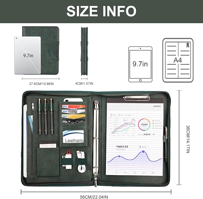 Leathario Portfolio Binder, Includes 5 Folder Index Dividers, 13 Inch Tablets Organizer with Handle, Vegan Leather A4 Padfolio, Multi-Pocket Notepad Business Planner Professional Document